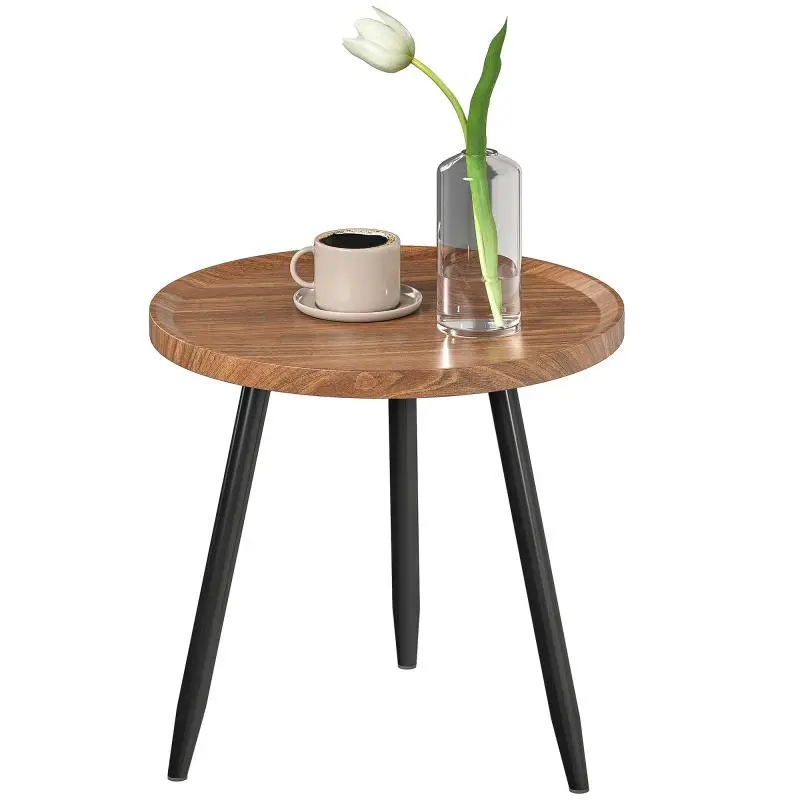 Round Coffee Table with Raised Edge and 3 Legs, Wood and Steel, Ø40x39 cm, Black and Wood-Tone