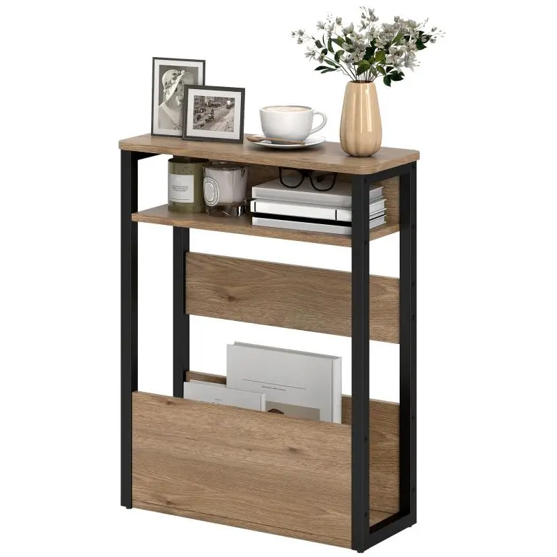 Industrial-Style Living Room Side Table with 2 Shelves, Wood and Metal, 46x18x58.5 cm, Dark Walnut Finish