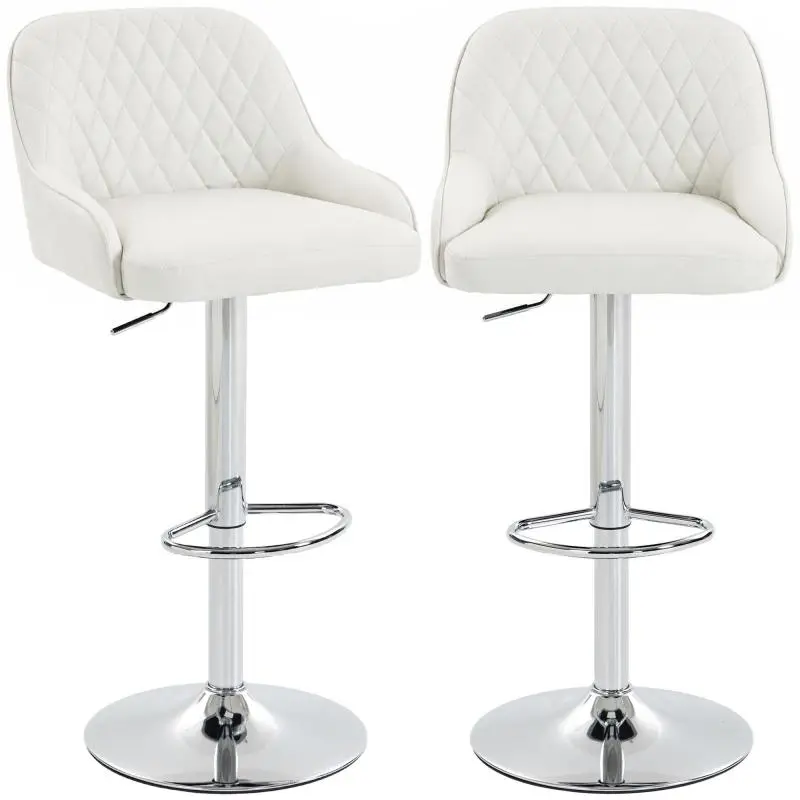 Set of 2 Bar Stools with Backrest, Swivel and Height-Adjustable, Faux Leather, White