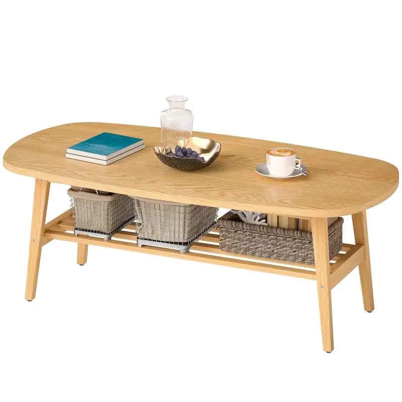 2-Tier Coffee Table, Modern Living Room Table with Open Bottom Shelf and Rubberwood Legs, Natural Wood