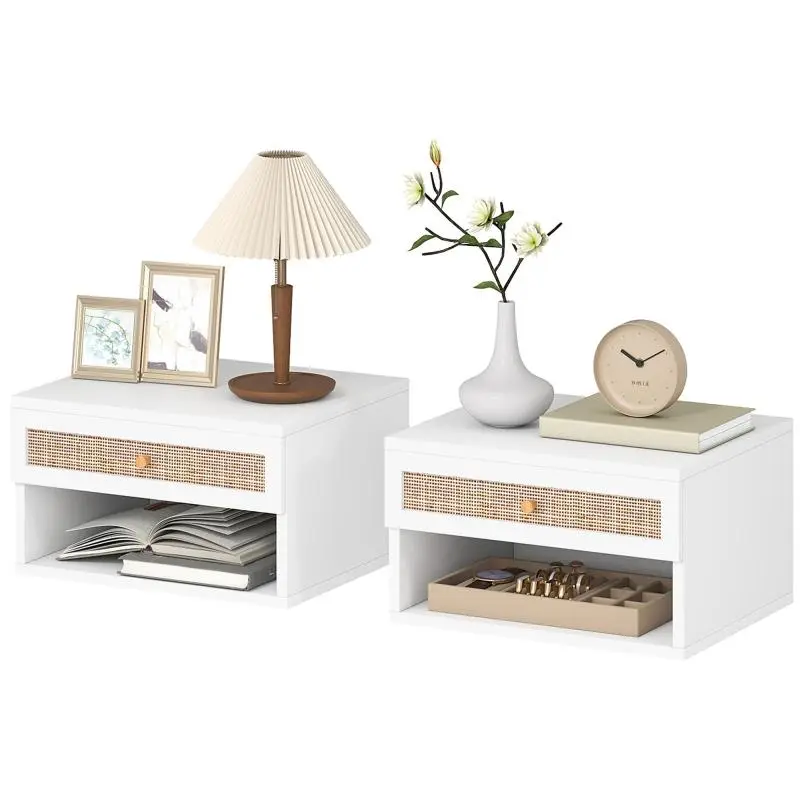 Set of 2 wall-mounted bedside tables with sliding drawer, open compartment, and tabletop – wooden, dims. 40L x 34W x 23H cm