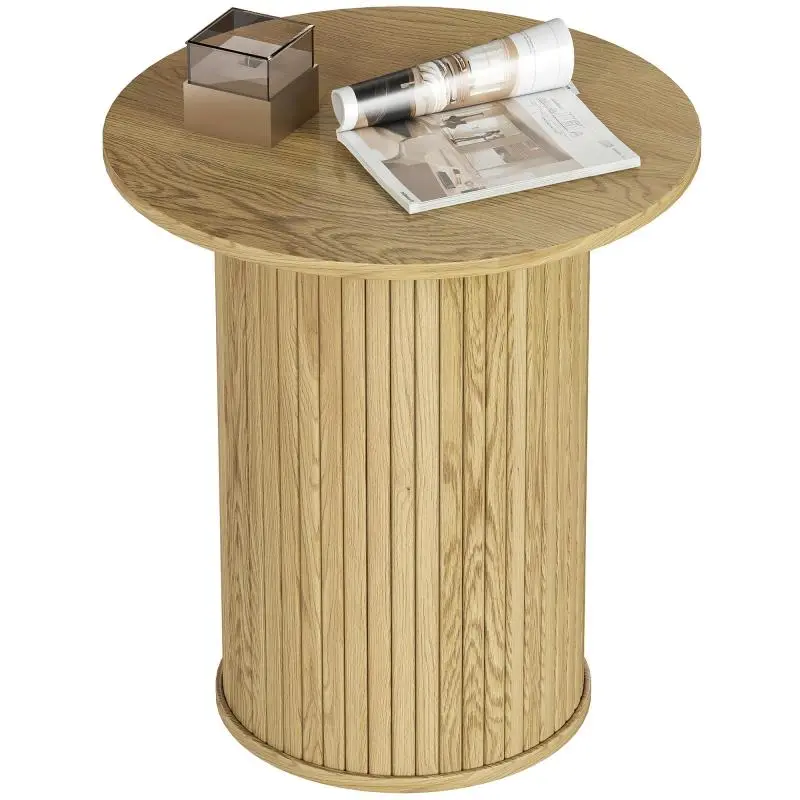 Round side table (Ø 48 cm), coffee table with fluted legs for living room, bedroom, or small space, oak