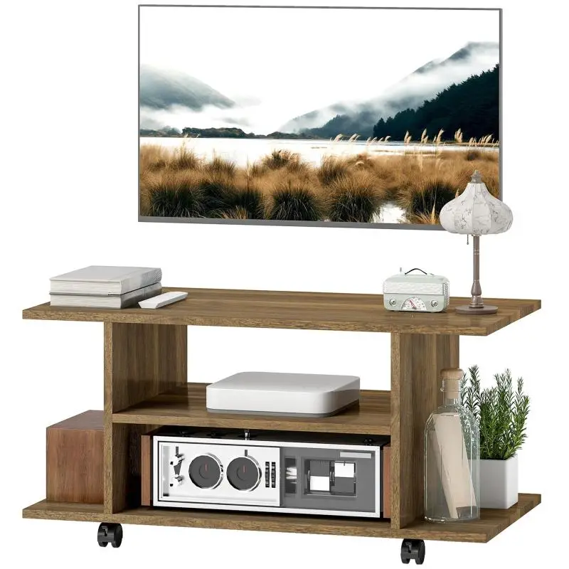 80 cm TV stand on casters, for TVs up to 42 inches, with open shelves, walnut finish