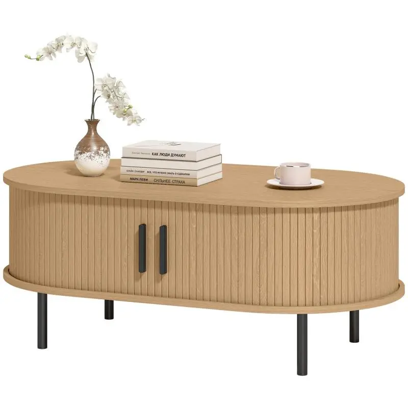 Oval wooden coffee table, modern living room table with sliding doors and hidden storage, 100x55x40cm, natural wood