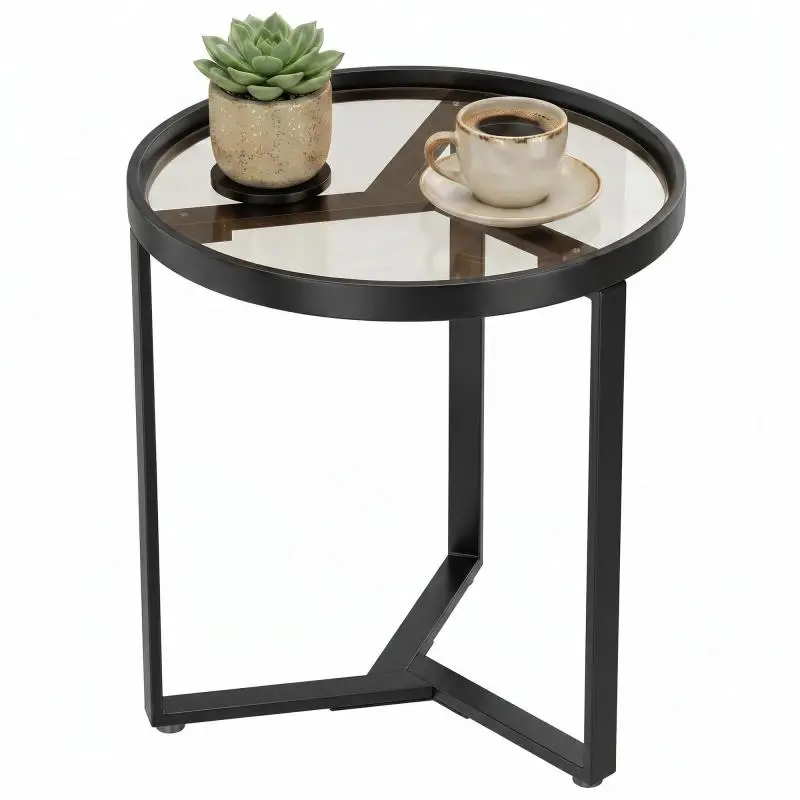 Round side table with tempered glass top and geometric metal frame for small spaces, black