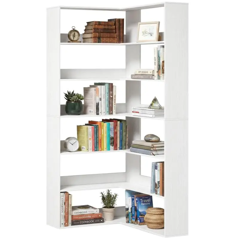 7-Tier Bookshelf, L-Shaped Corner Shelf with Anti-Slip Back Panel, White with Wood-Effect Finish