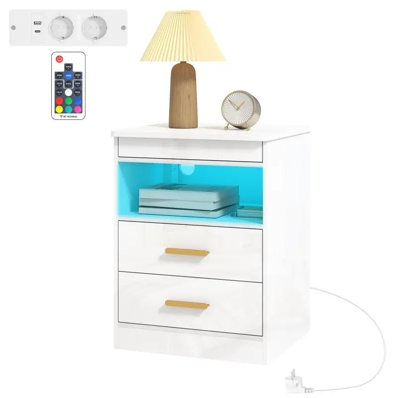 Nightstand/side table with charging station and RGB LED lighting, high-gloss white