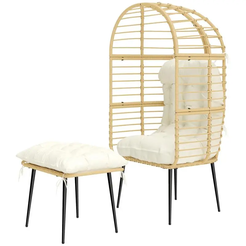 Egg-shaped PE rattan garden armchair and ottoman with long, thick cushions and metal frame – Beige