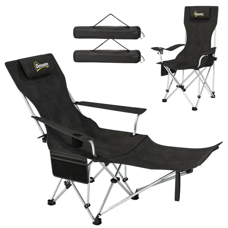 Set of 2 Folding Camping Chairs with Detachable Footrest and Cup Holder, 82x50/100x88 cm, Black