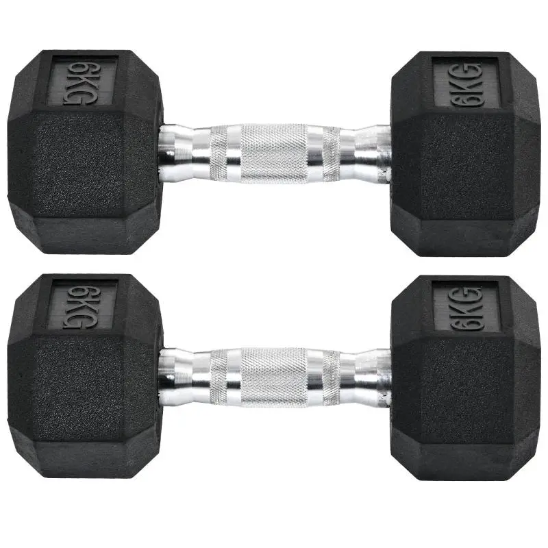 Set of 2 Hexagonal 6 kg Dumbbells with Non-Slip Grip and Rubber Coating, Black