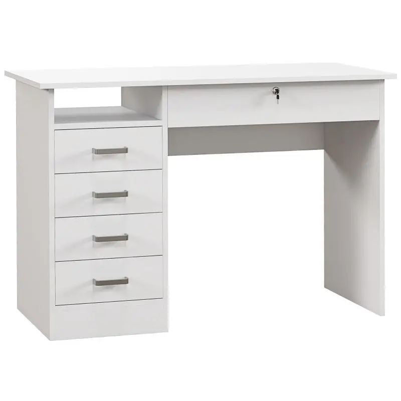 Modern Desk with 5 Drawers and Open Compartment, Includes Lock and 2 Keys, 110x50x76cm, White