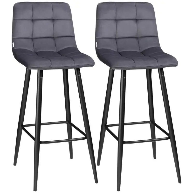 Set of 2 Velvet-Upholstered High Kitchen/Bar Stools with Footrest and Backrest – Grey