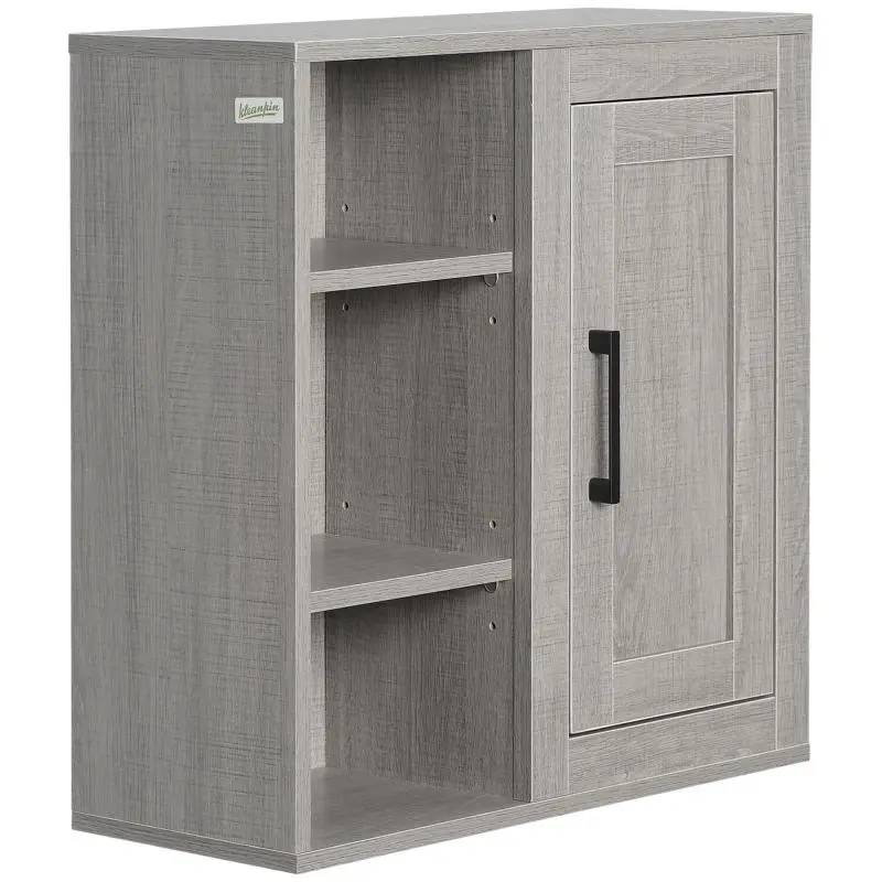 Wall-Mounted Bathroom Cabinet with 3 Open Shelves and Cupboard, Particleboard, 48x20x50cm, Grey