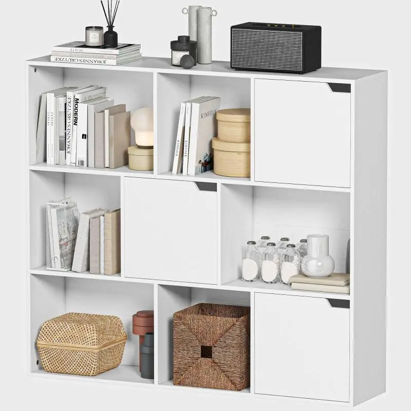 Cube Bookcase with 6 Open and 3 Closed Sections, White Wood, 106x24x95 cm