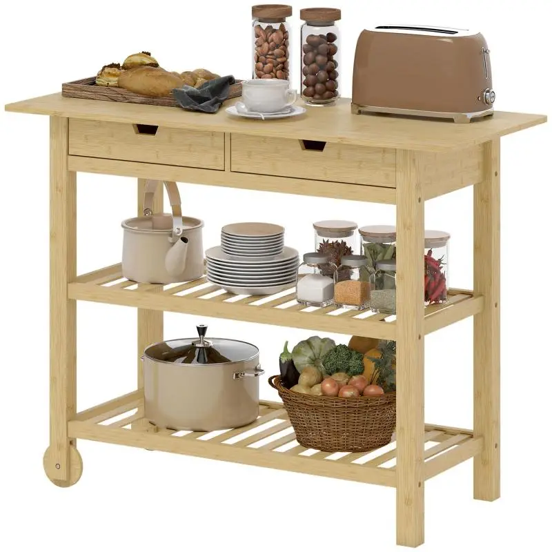 Bamboo Wood Kitchen Trolley with 2 Drawers, 2 Slatted Shelves, and 2 Wheels, 100x43x75 cm, Wood