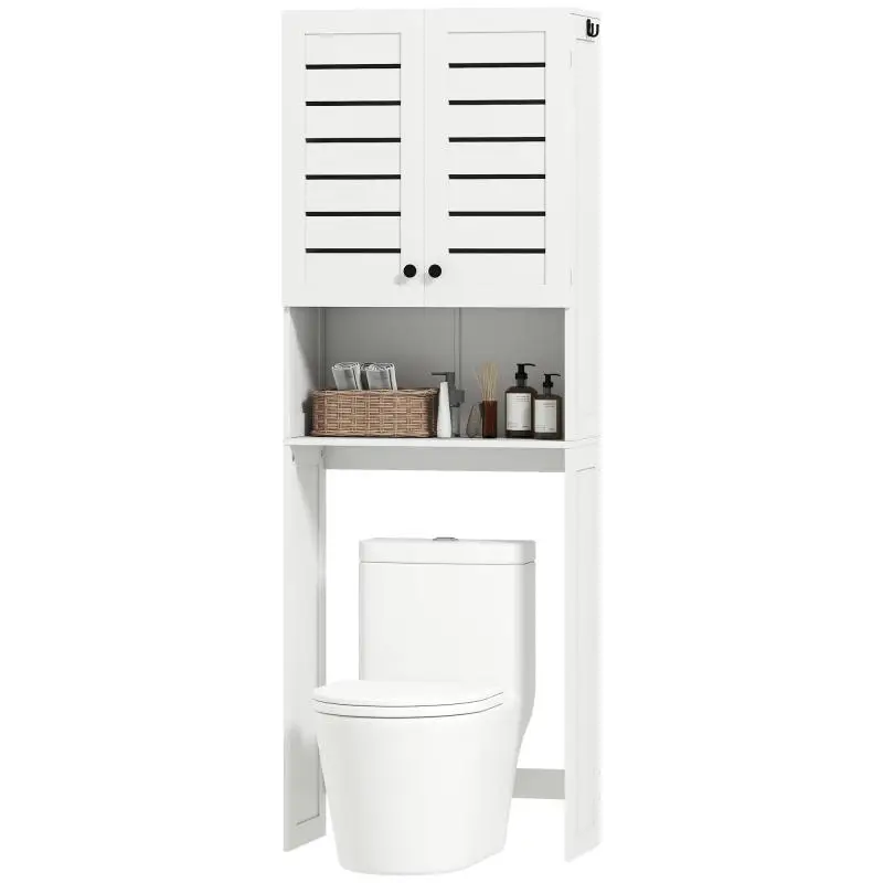 Over-the-Toilet Unit with 2-Door Cabinet and Open Shelf, White Wood, 67x31.5x190 cm