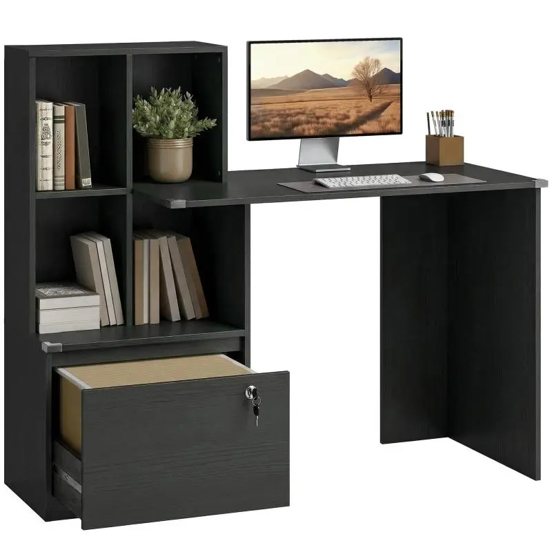 Computer Desk with 4-compartment Bookcase and Lockable Drawer, Size: 126 x 50 x 109 cm, Black