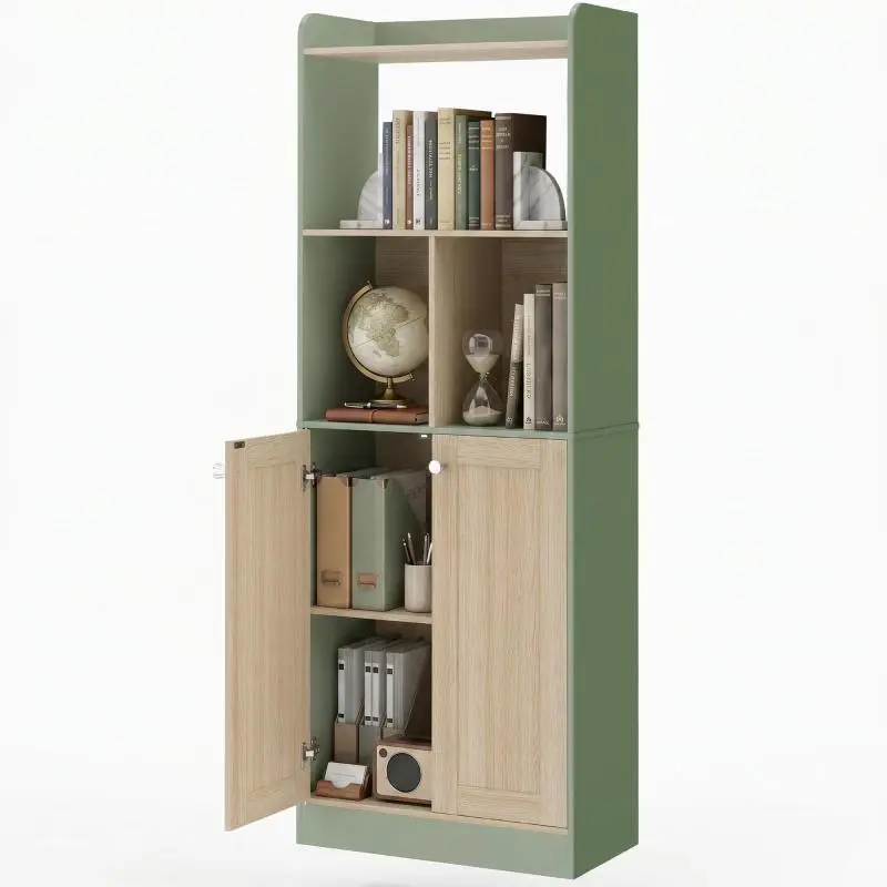 5-tier Bookcase Storage Unit Bookshelf with 2 Doors, Size: 60 x 30 x 161.2cm, Green and Natural Wood