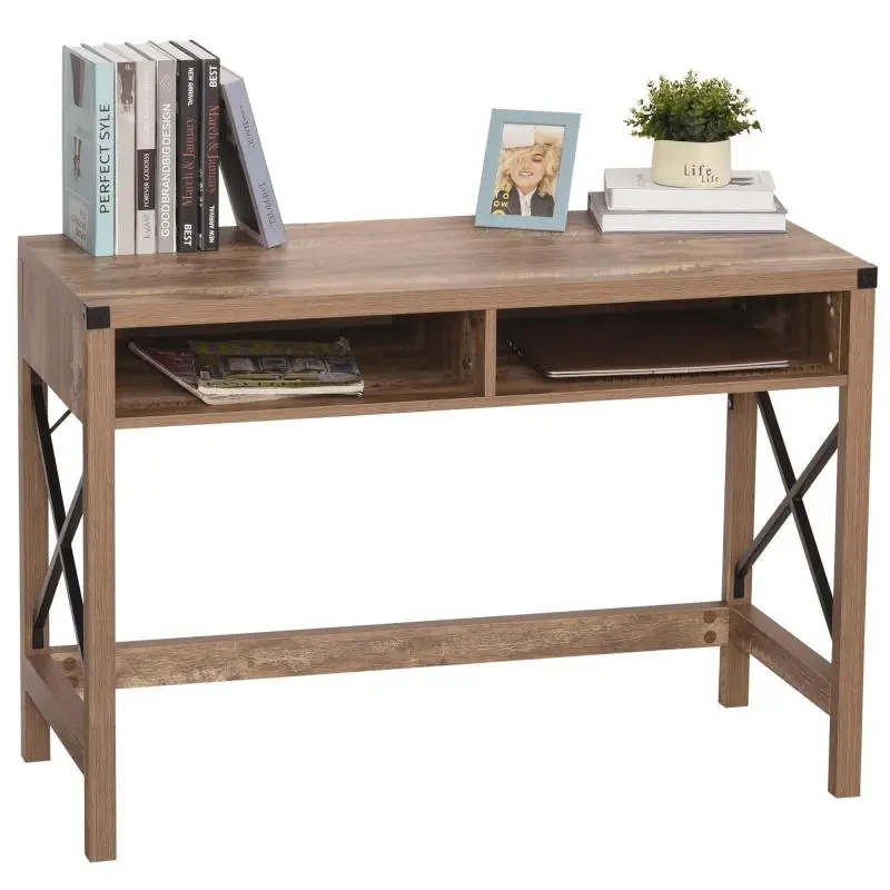 Industrial-style desk with large tabletop, 2 compartments, black metal frame, and brown wood-grain effect particleboard panels.