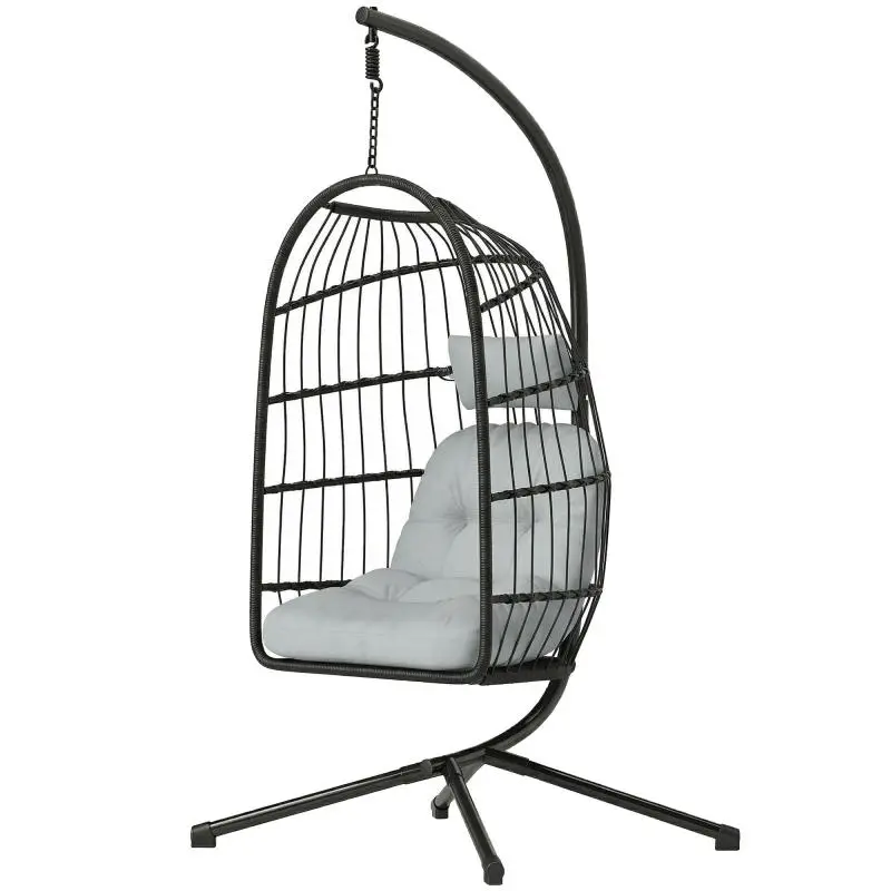 Hanging Chair with Frame, Foldable Polyrattan Hanging Basket with Cushion, Safety Belt, Headrest, Adjustable Straps