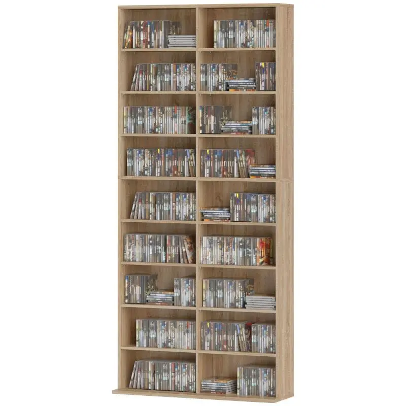 9-tier DVD rack with 18 compartments and 14 adjustable shelves; holds 640 CDs, 360 DVDs, or 430 Blu-rays; natural wood.