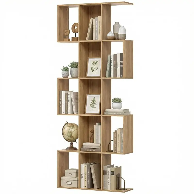 5-Tier S-Shaped Bookcase for Living Room, Bedroom, Study, or Office – 80x24x200 cm – Oak