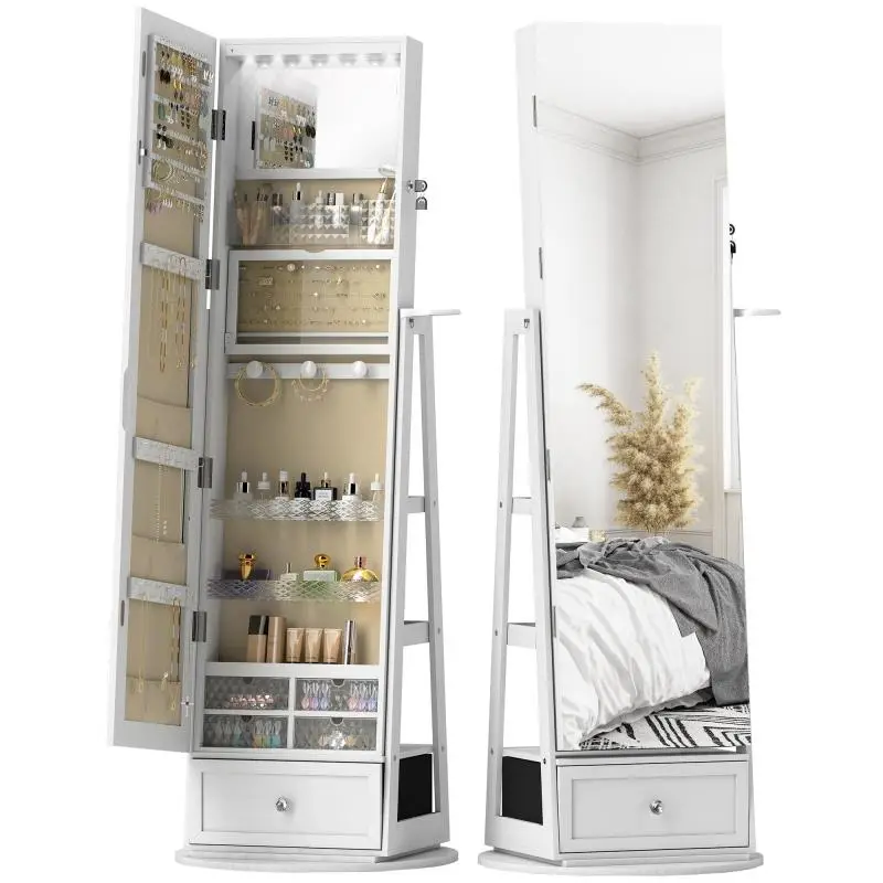Jewelry Mirror with LED Lights, Jewelry Cabinet with Full 360° Rotating Mirror, Drawer, Lock, White