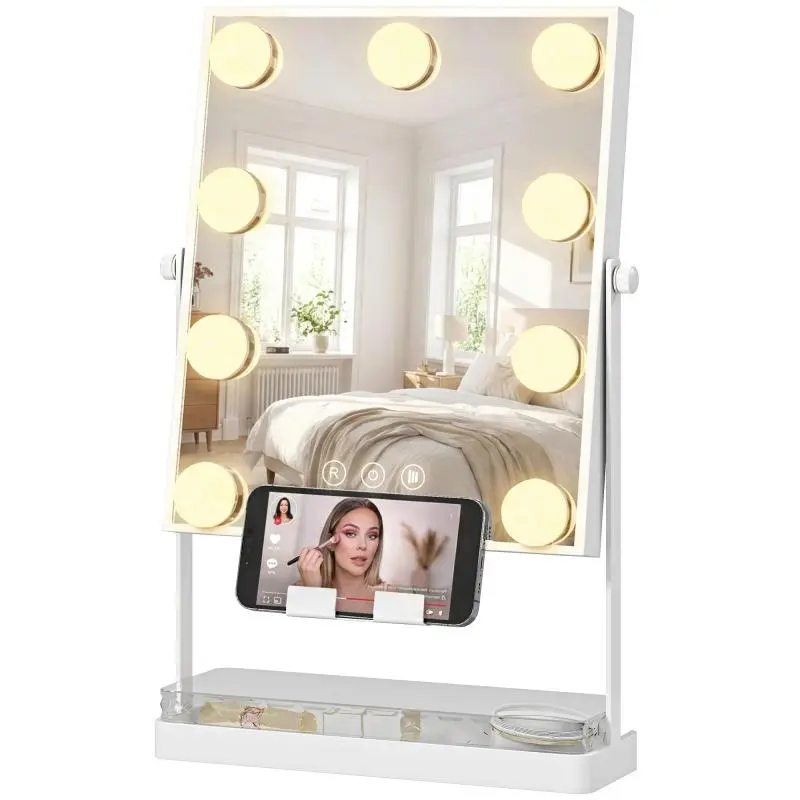 Hollywood Lighted Makeup Mirror – 9 LED Bulbs, 3 Colors, Touch Switch, Phone Holder – White