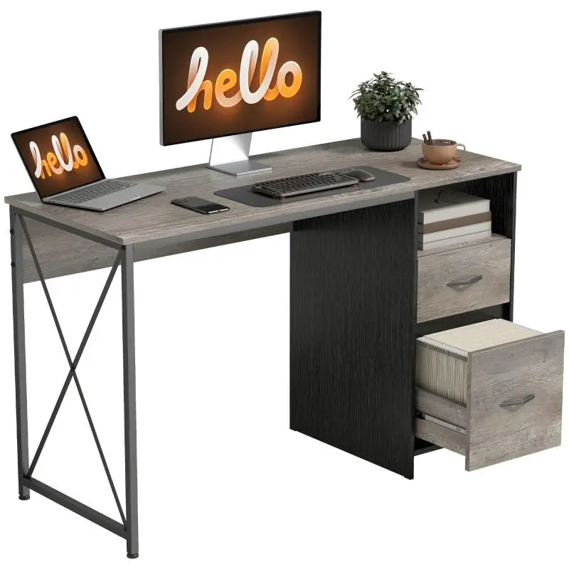120x50 cm Industrial Computer Desk with Compartment and 2 Drawers for Office – Light Grey