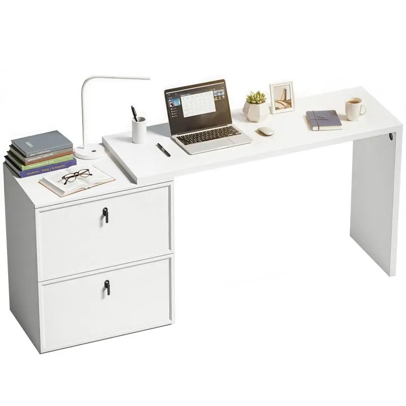 Modern Reversible L-Shaped Office Desk with 2 Filing Drawers – Compact Design
