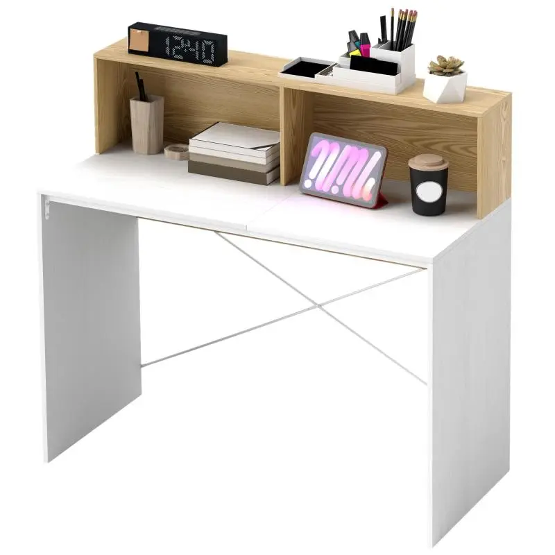 Desk 110x50x102.6 cm with 2 Open Compartments and Shelf – White and Natural Wood