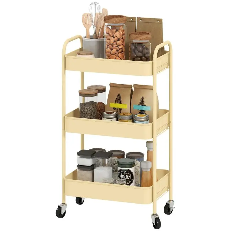 3-Tier Rolling Utility Cart – Kitchen Cart with 3 Baskets and 2 Handles (45 x 30.6 x 79 cm) – Yellow