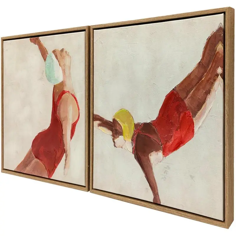 2-Piece Abstract Swimmer Wall Art Set, 40 x 40 cm Framed Canvas Paintings, Hand-Painted Dynamic Figures, Textured Wall Decor