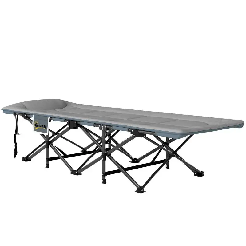 Folding Camping Cot with Integrated Headrest Cushion and Side Pocket 187x67x37 cm Grey