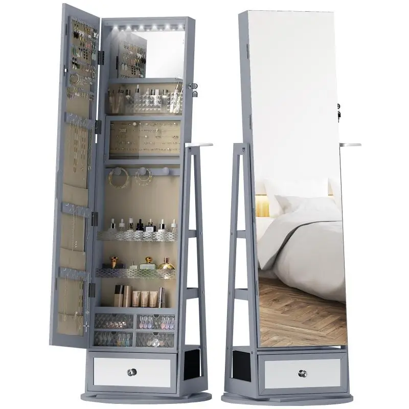 Lighted Jewelry Mirror Cabinet – 360 Degrees Swivel Full-Length Mirror, Drawer, and Lock – Light Gray