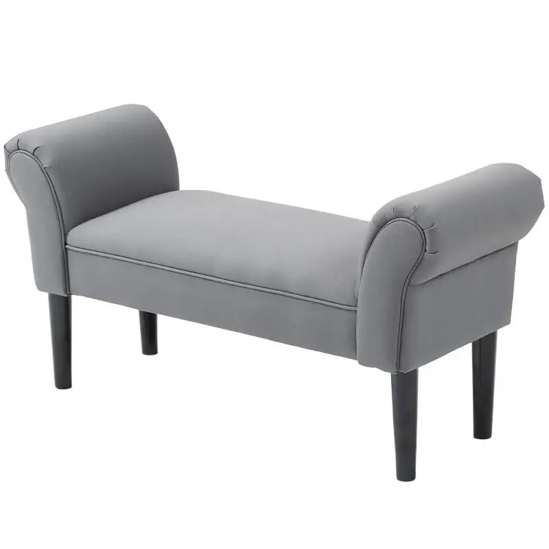 Dark Grey Canvas-Upholstered Bed-End Bench with Wooden Legs, Armrests, and Padded Seat