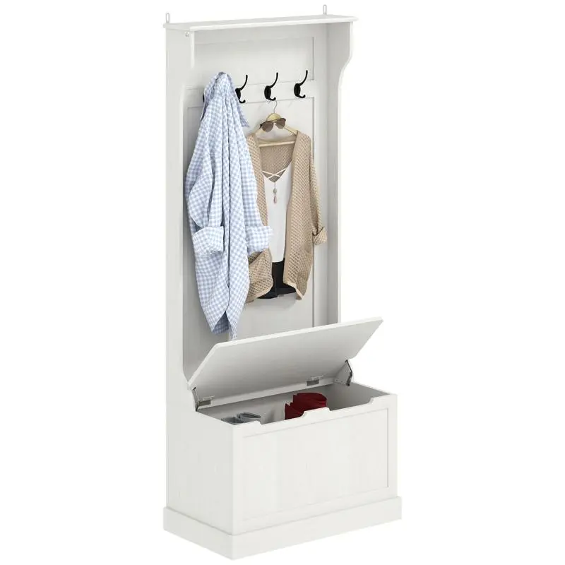 Modern-Style Coat and Shoe Rack with Storage Bench and 4 Hooks – White