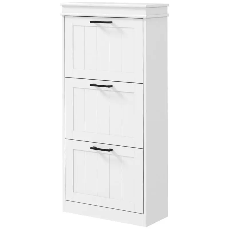 Narrow 3-Tier Shoe Cabinet with Drop-Down Doors and Adjustable Shelves for 15 Pairs of Shoes – White