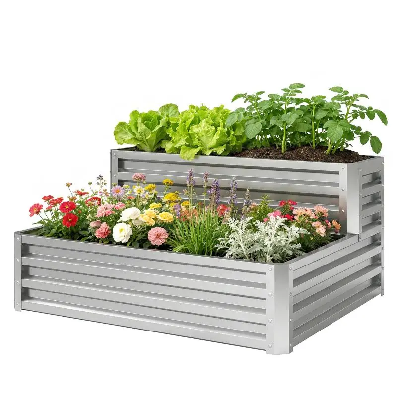 Galvanized Steel Outdoor Tiered Planter with Open Base for Plants – 120x101x58 cm – Silver