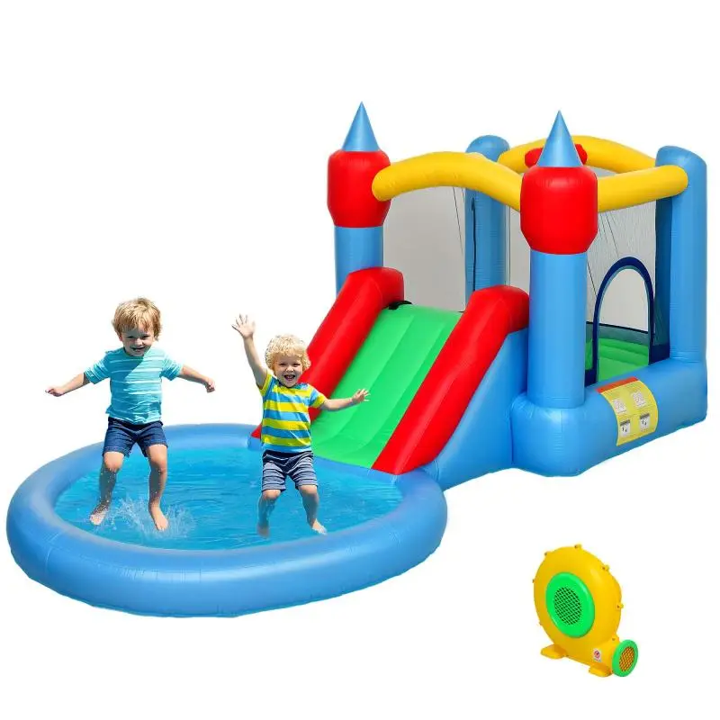 4-in-1 Inflatable Bouncy Castle with Trampoline and Slide, 415x205x190cm, Multicolored