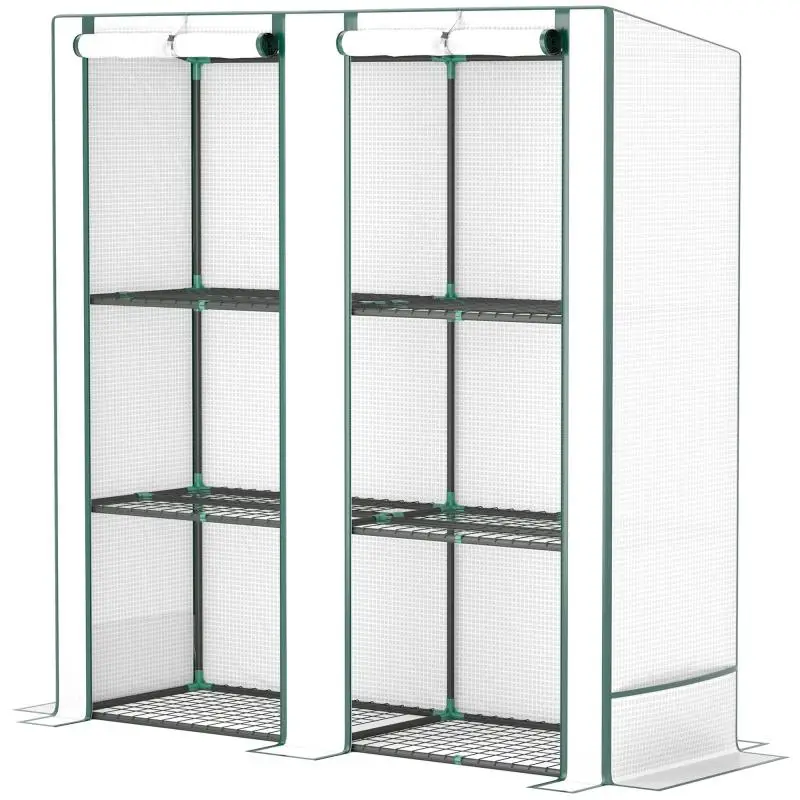 Garden Greenhouse with 2 Roll-Up Doors, 3-Tier Shelf, and Side Pockets