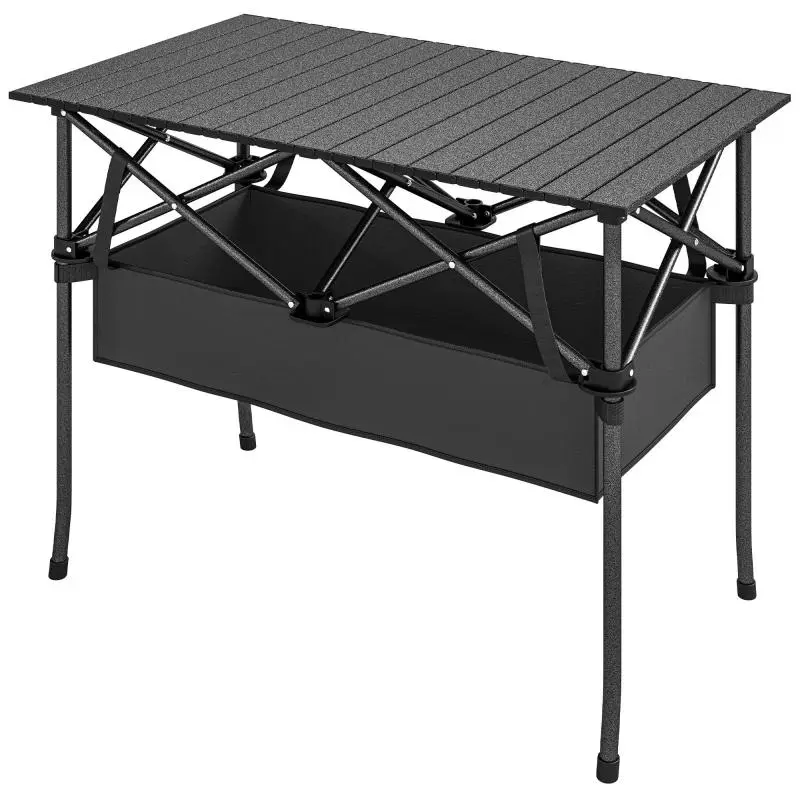 Folding Camping Table with Metal Frame, Storage Mesh, and Carry Bag, 93x55x68 cm, Black