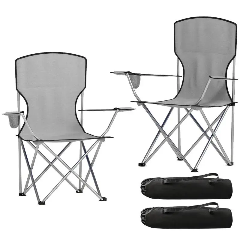 Set of 2 High-Back Camping Chairs – Metal and Oxford Fabric, Grey