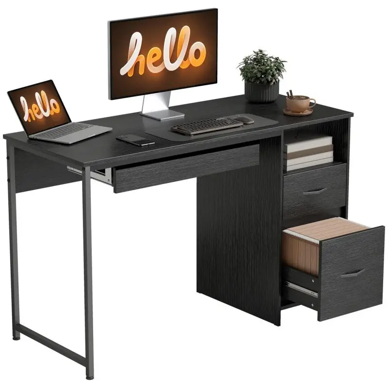 Modern Desk with Drawers, Open Shelves, and Keyboard Tray, Wood and Steel, 120x52.3x76 cm, Black