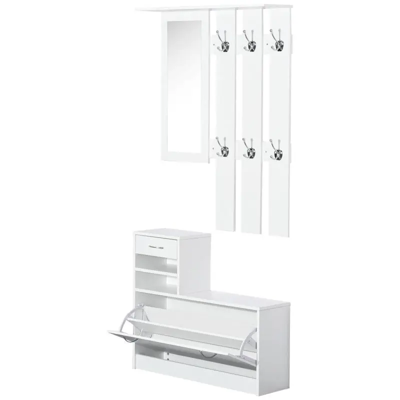 Modern Hallway Furniture Set with Shoe Cabinet and Mirror, Coat Rack with 6 Hooks, 2 Adjustable Shelves, and Wooden Drawers for Hallway, 90x24x166 cm, White