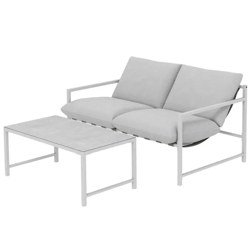 2-Piece Outdoor Patio Set: Sofa with Cushions and 3D Marble-Effect Tempered Glass Coffee Table, 125x80x64cm, Light Grey