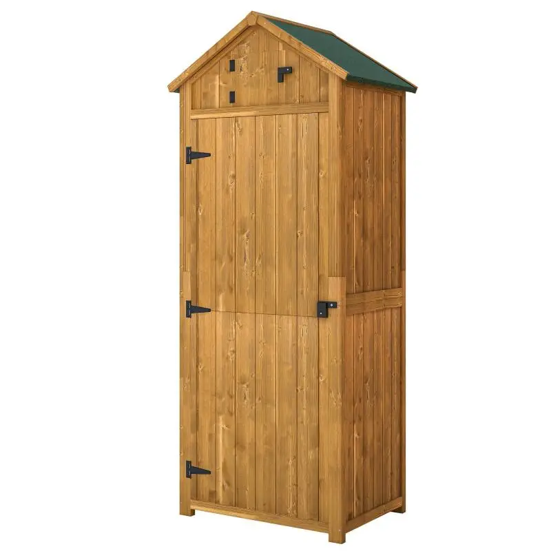 Outdoor Wooden Garden Storage Cabinet/Tool Shed – 2 Doors with Latches, 3 Shelves, Sloped Asphalt Roof – Patio Storage – 77 x 54 x 179 cm – Yellow
