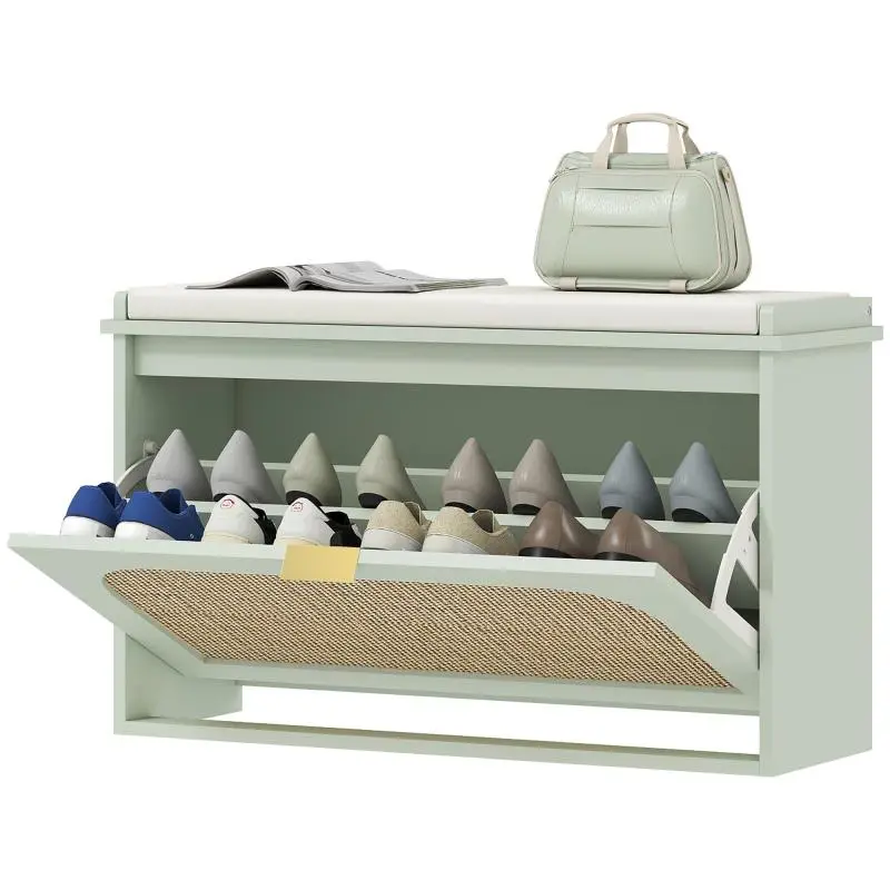 Shoe bench, storage bench, padded seat, drop-down drawer, rattan door, 80 x 26 x 47.5 cm