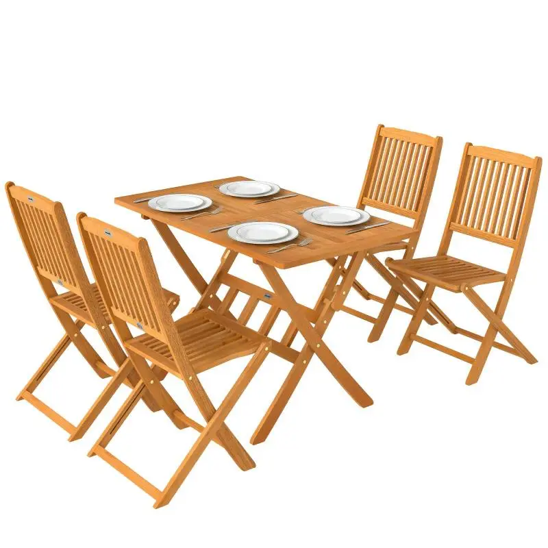 5-Piece Acacia Wood Garden Furniture Set – Foldable Table and 4 Folding Chairs – Slat Design