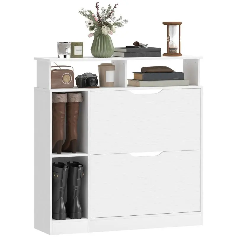 Shoe cabinet with 2 tilt-out compartments, adjustable dividers, and an open shelf; holds 12 pairs of shoes; 89 x 25 x 92 cm; white.